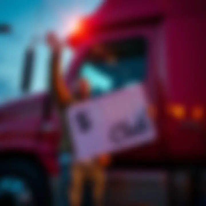A smiling truck driver holding a sign that says $100 Club, standing next to their truck