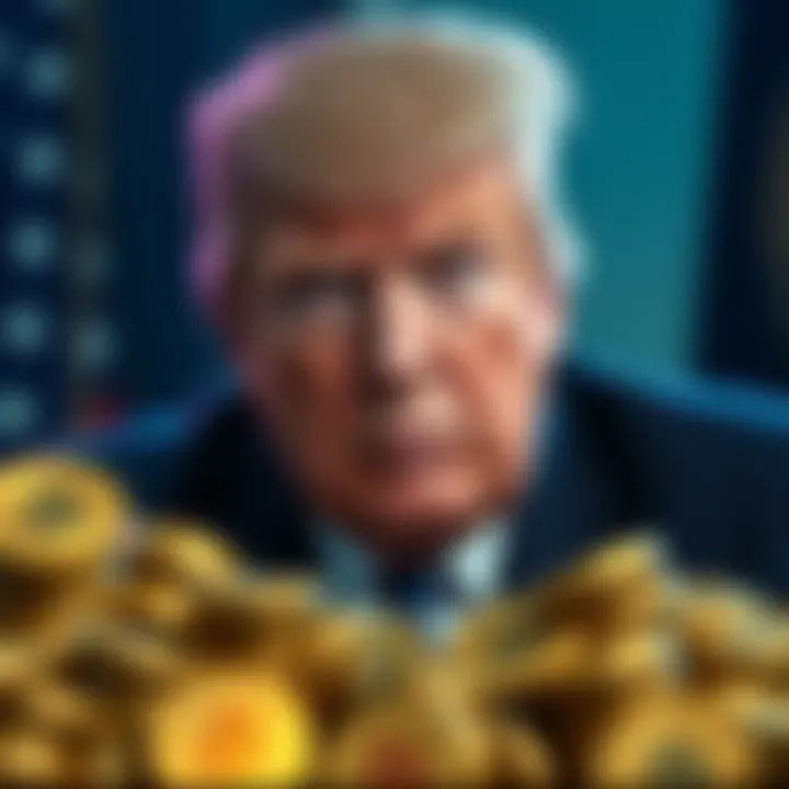 President Trump selling his cryptocurrency holdings, with coins in the foreground and a concerned expression on his face.