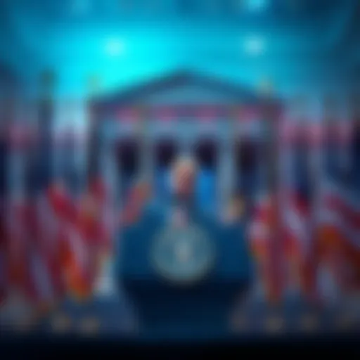 President Trump speaks against the Federal Reserve's interest rate hike at a podium with American flags in the background