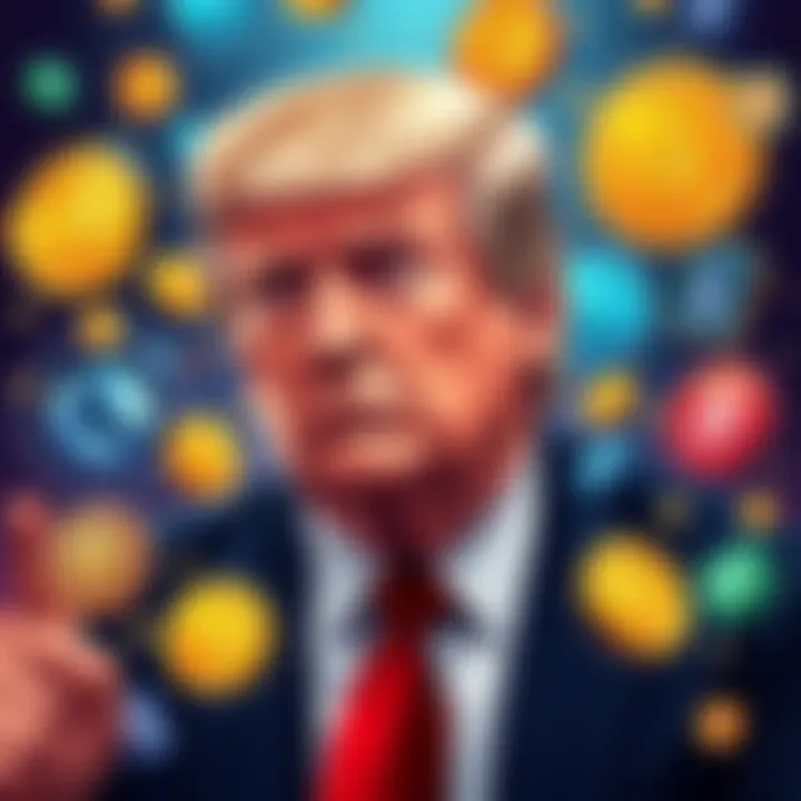 Illustration of Donald Trump surrounded by images of digital currency symbols, highlighting his wealth from cryptocurrency investments while discussing regulations.