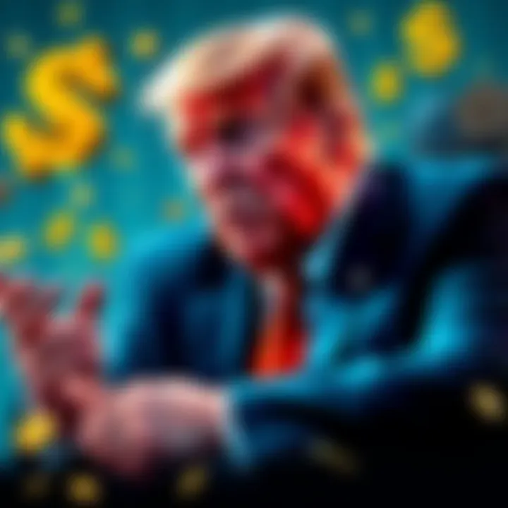 A depiction of President Trump and his family discussing cryptocurrency concepts with dollar signs and digital coins around them.