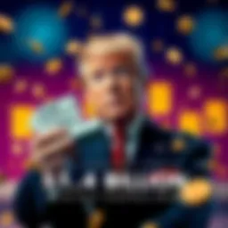 Former President Donald Trump holding a stack of cash with cryptocurrency symbols in the background