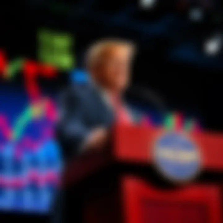 Donald Trump speaking energetically at a podium during a press conference, with stock market graphs displayed in the background