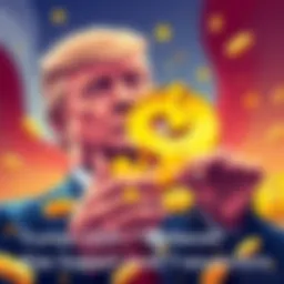 Illustration showing Trump alongside a dollar sign and gold coins, symbolizing the connection between stablecoins and gold transactions