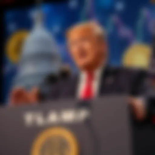 President Trump speaking at a podium urging the Senate to pass the CLARITY Act with cryptocurrency graphics in the background.