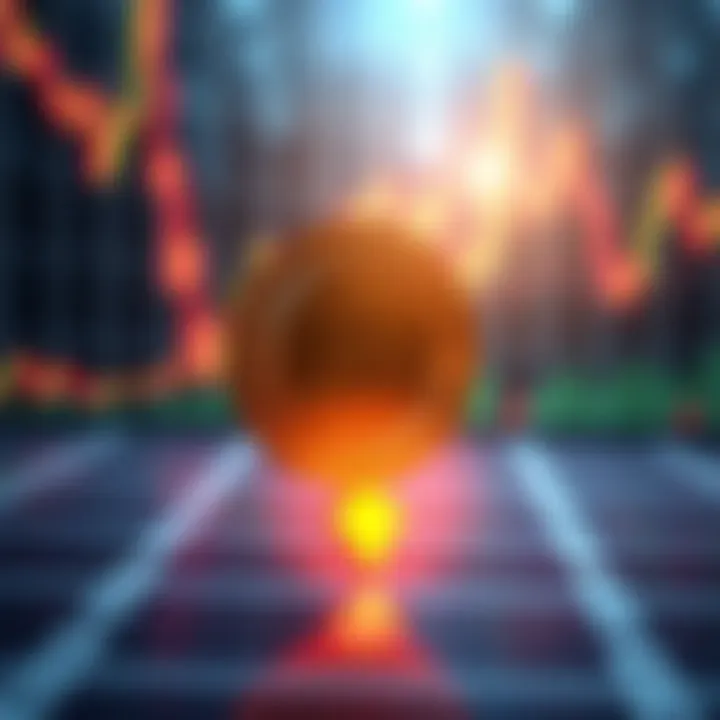 A graphic showing a Trump coin with a downward arrow, symbolizing its value drop, against a backdrop of fluctuating market graphs.