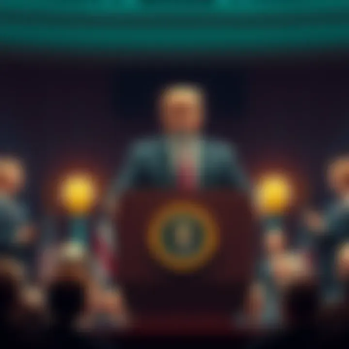 Trump Proposes Crypto Bill President Trump stands behind a podium announcing a new bill for a cryptocurrency financial system, with supporters observing.