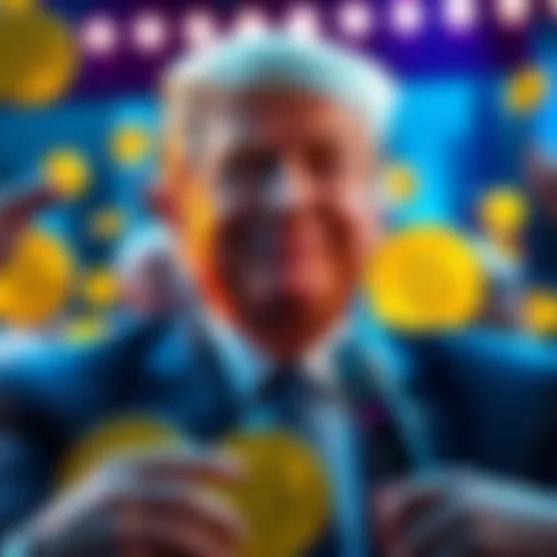 Donald Trump smiles as he discusses cryptocurrency and its impact on the economy, surrounded by Bitcoin symbols and supporters.