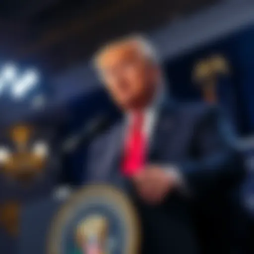 President Trump speaking at a podium announcing measures against overseas cryptocurrency scams targeting Americans