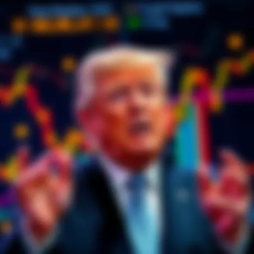 President Trump speaking with a backdrop of cryptocurrency graphics and charts
