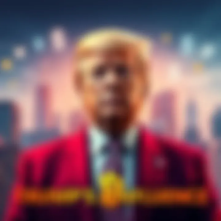Donald Trump standing in front of digital currency symbols with a backdrop of skyscrapers representing the economy.