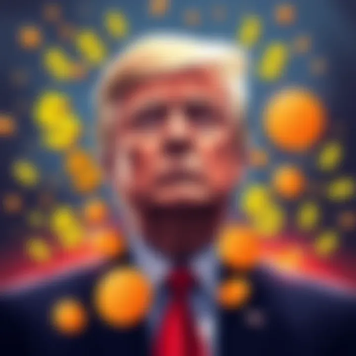 Illustration of President Trump with dollar signs and cryptocurrency symbols around him, indicating his potential investment in the crypto market
