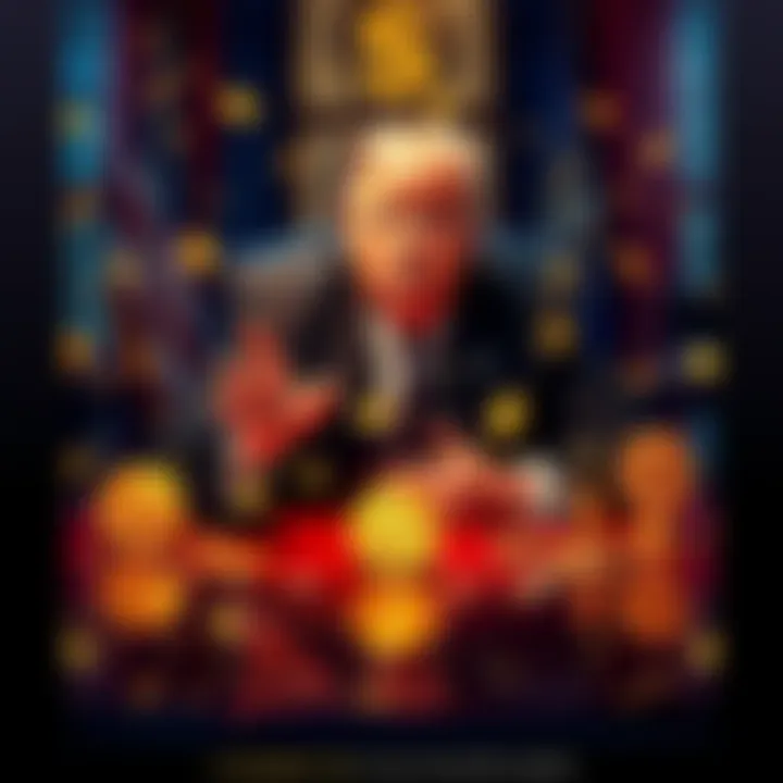 Donald Trump sitting at a desk with cryptocurrency symbols and dollar signs around him, reflecting his big earnings in crypto investments while regulating the sector.