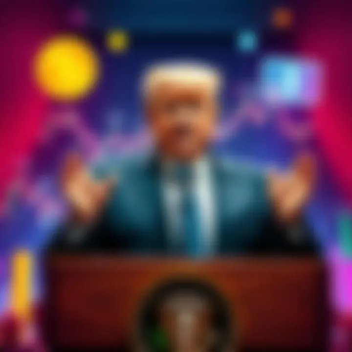 Former President Donald Trump gives a speech about cryptocurrency at a podium, surrounded by financial symbols and charts.
