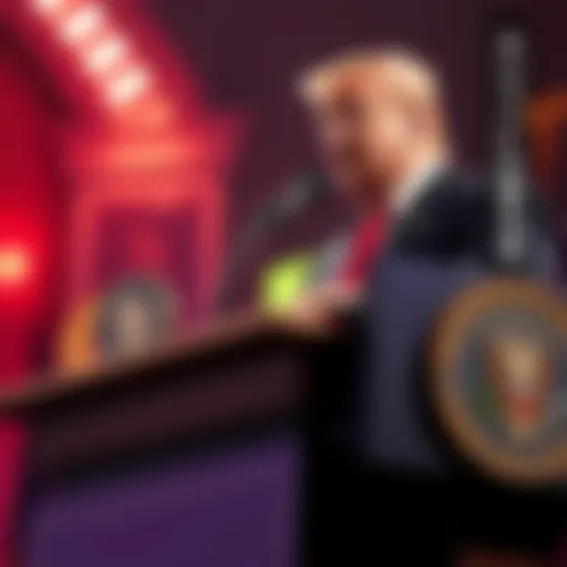 President Trump at a podium discussing the benefits of cryptocurrency for financial reform