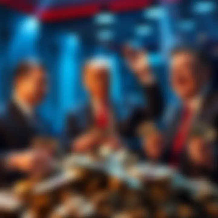 Donald Trump and his sons joyfully counting money in a cryptocurrency setting, highlighting their financial gain amidst investor losses.