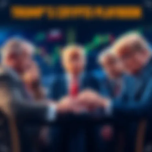 The Trump family members discussing cryptocurrency strategies, with charts showing market trends in the background.