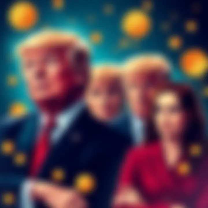 Illustration of the Trump family with cryptocurrency symbols and financial graphics.