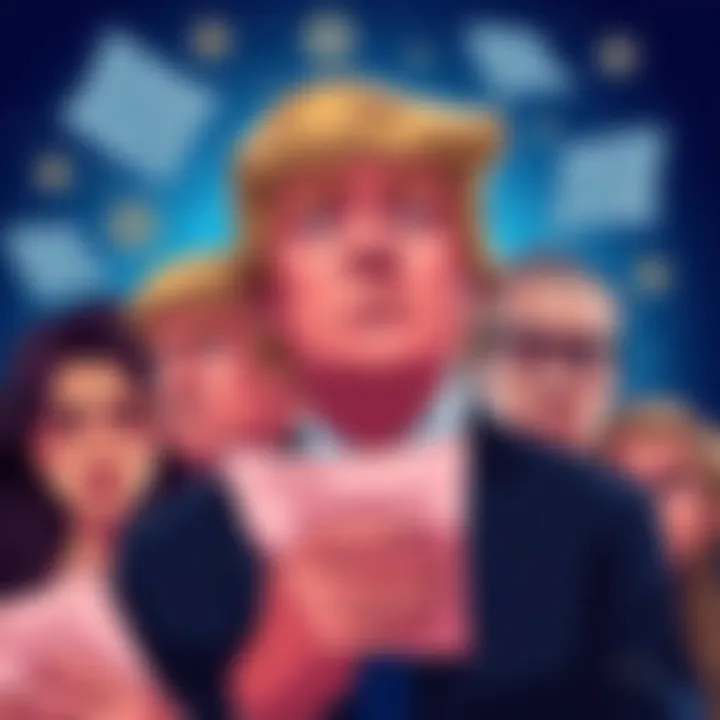 An illustration of the Trump family looking concerned with legal documents and crypto symbols in the background