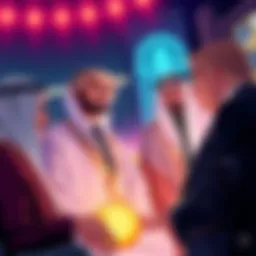 Illustration of the Trump family and Sheikh Tahnoon bin Zayed Al Nahyan discussing a cryptocurrency deal.