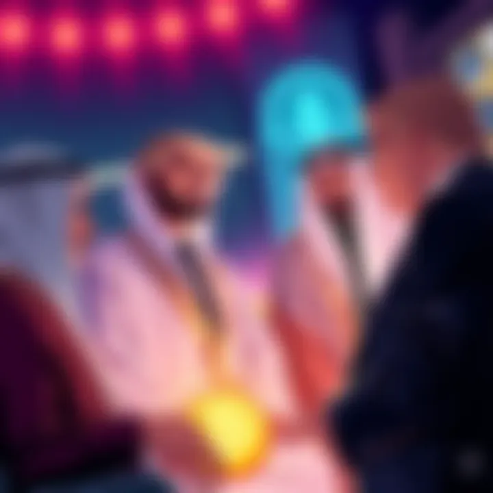 Illustration of the Trump family and Sheikh Tahnoon bin Zayed Al Nahyan discussing a cryptocurrency deal.