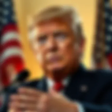 President Trump making a statement about a potential military action against Iran, with a serious expression and American flags in the background.
