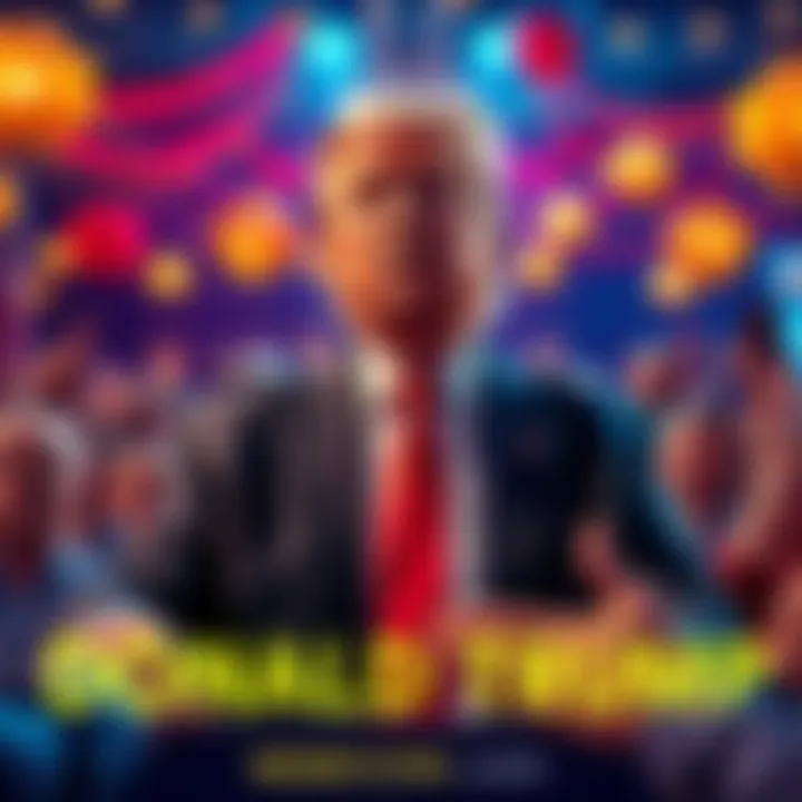 Former President Donald Trump speaking at the Memecoin Gala surrounded by fans and colorful decorations