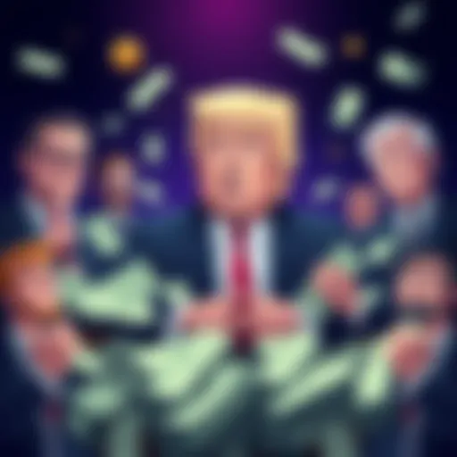 Illustration showing President Trump surrounded by dollar bills, representing his profits from Memecoin, while a group of disappointed investors looks on with sad expressions.
