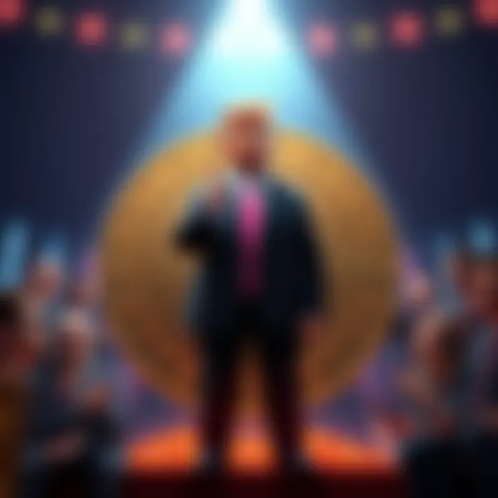 Trump standing with a giant meme coin, surrounded by confused investors looking at their portfolios