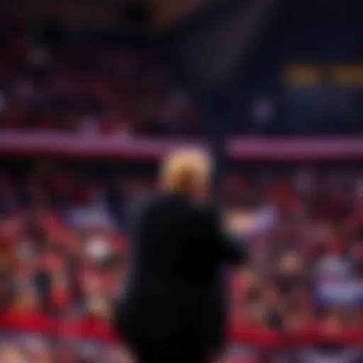 Donald Trump addressing a large crowd at a political rally, showing strong engagement and support from attendees.