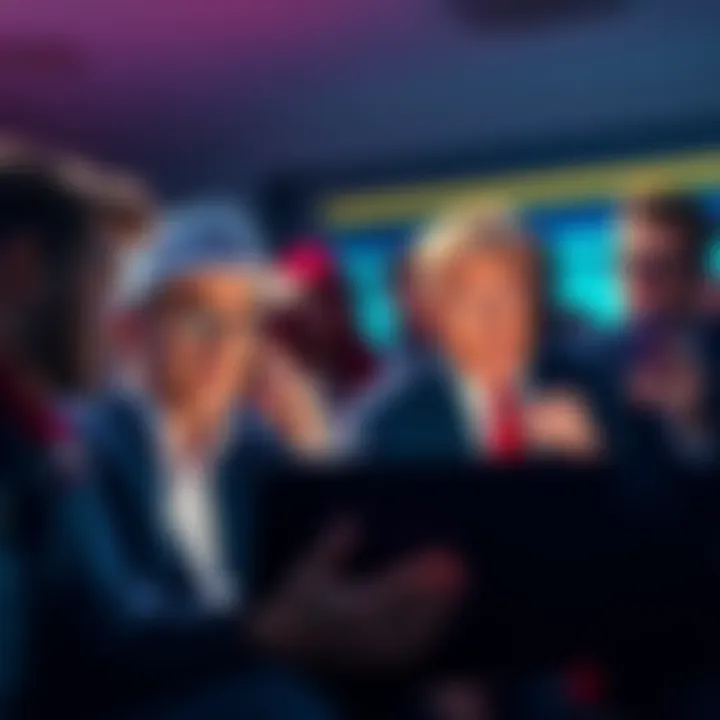 Trump supporters looking stressed while monitoring crypto token performance on laptops and phones