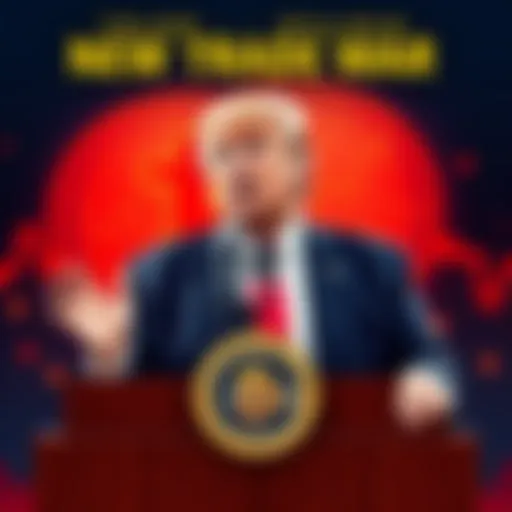 President Trump speaking at a podium with Bitcoin graphics in the background