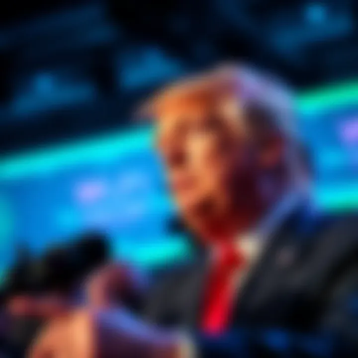 President Donald Trump promoting the controversial WLFI cryptocurrency coin at an event, drawing attention from investors and media.