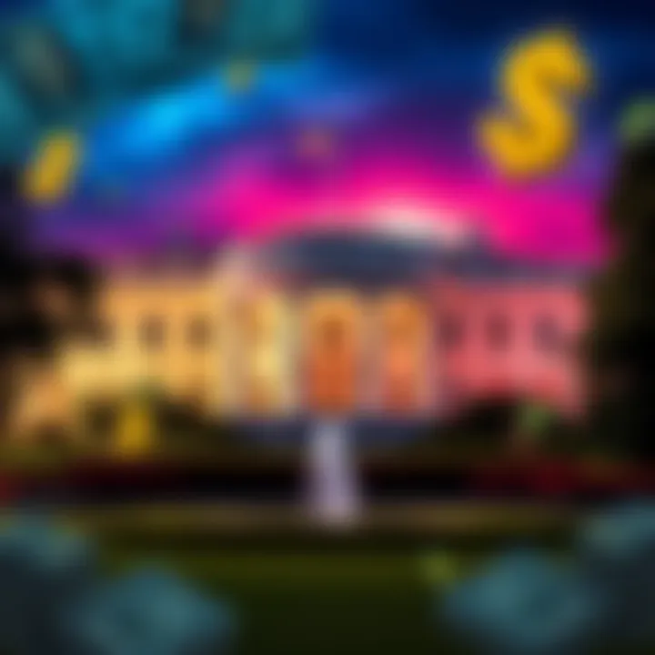 A graphic showing money symbols and the White House, representing Trump's financial gains during his presidency