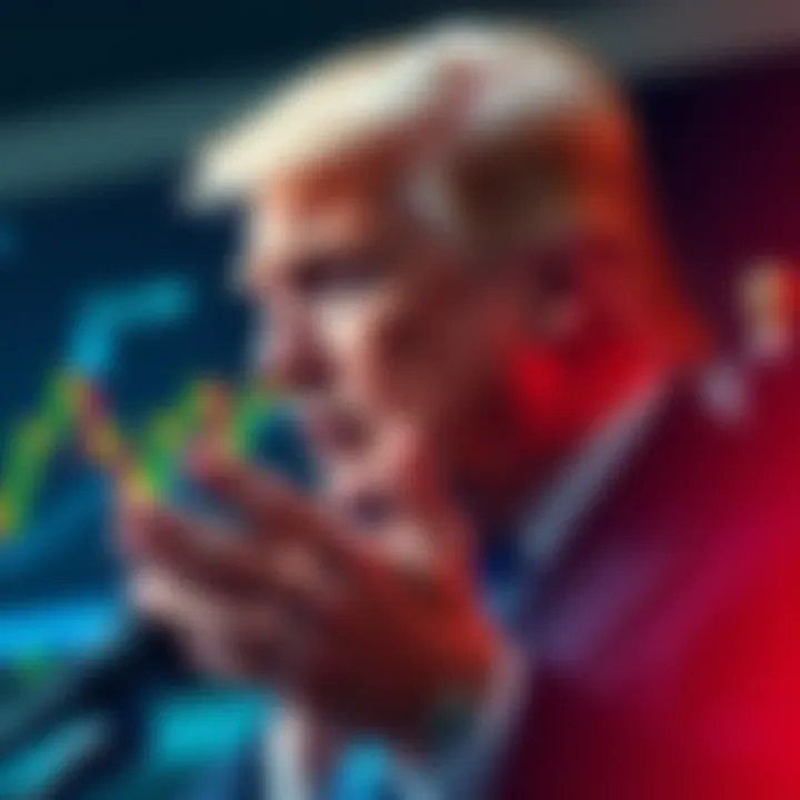 President Trump discussing a new crypto bill with financial charts in the background