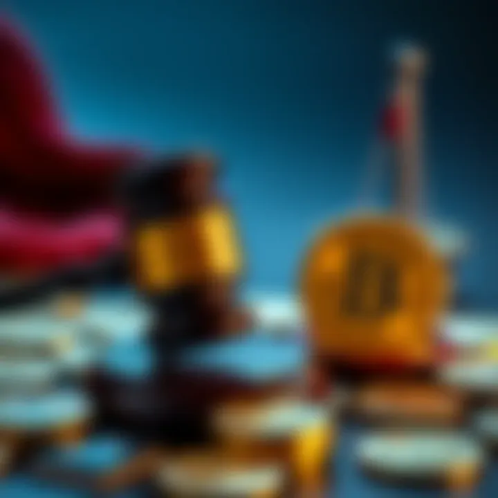 A gavel and cryptocurrency coins symbolizing a lawsuit against Trump's crypto initiative.