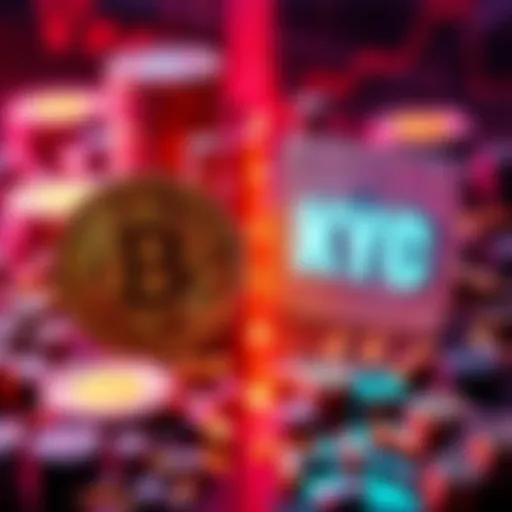 A contrast between digital currency icons representing cryptocurrency and KYC symbols showing identification documents, highlighting the debate over privacy and trust in finance.