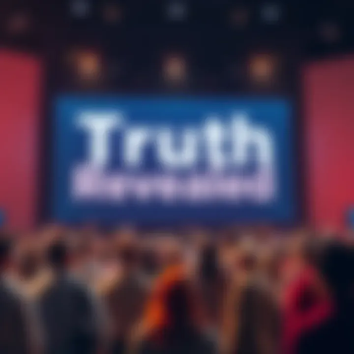 A large screen displays the words 'Truth Revealed' with people gathered around, showing a mix of surprise and curiosity.