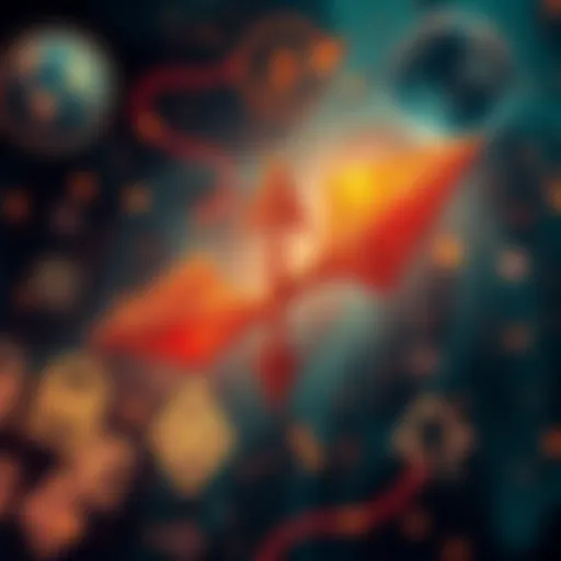 Two arrows pointing in different directions, surrounded by symbols representing wealth and community, reflecting deeper meanings