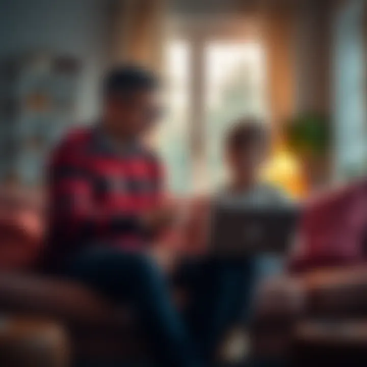 An adult and a child discussing setting up online accounts together in a cozy living room.