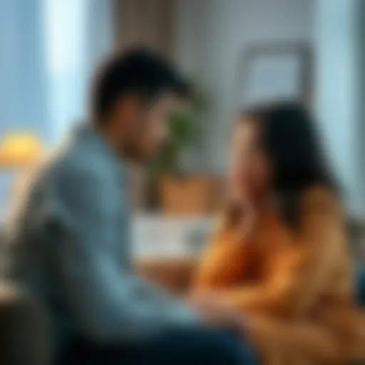 A man and a woman sitting across from each other, looking concerned and engaged in a heartfelt discussion, expressing emotions about a past conflict.