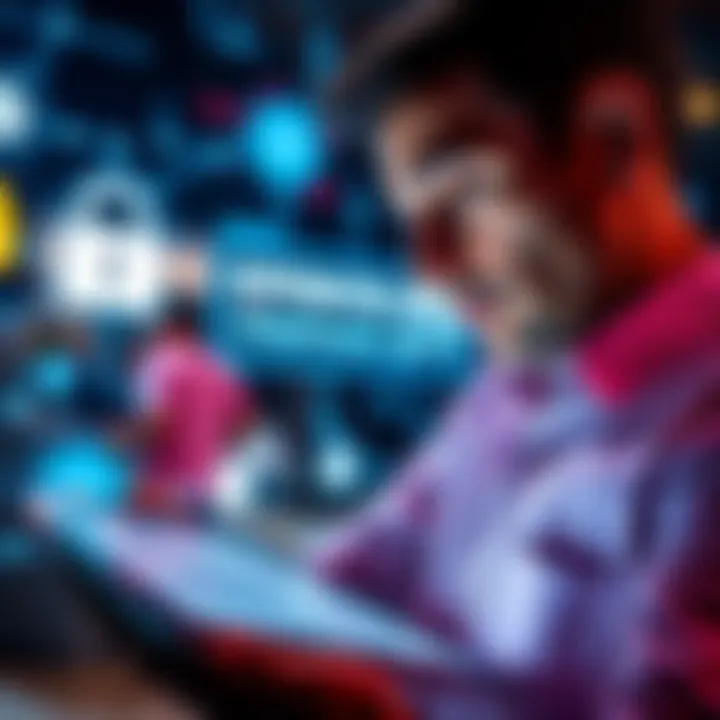 A person entering a passphrase on a tablet screen with a thoughtful expression, surrounded by digital security symbols.