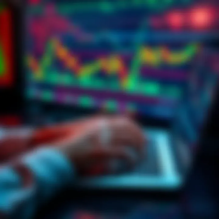 A person typing simple trading strategies on a laptop with trading charts in the background