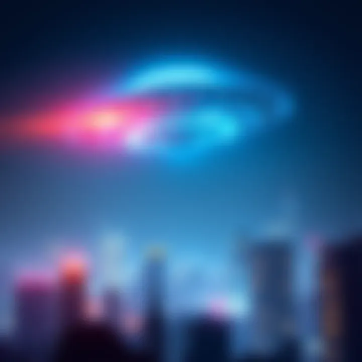 A glowing UFO in the night sky above a city, symbolizing the growing interest in UFOs and crypto