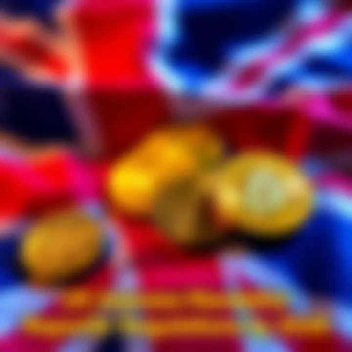 A graphic showing the UK flag with cryptocurrency symbols like Bitcoin and Ethereum, representing new reporting regulations for crypto transactions.