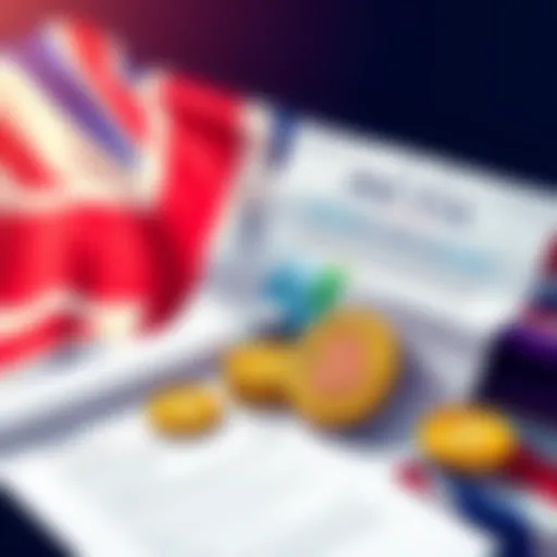 An illustration showing the UK flag with cryptocurrency symbols and a tax document, representing new crypto tax regulations.