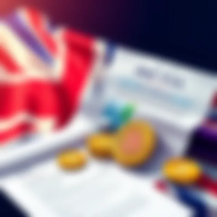 An illustration showing the UK flag with cryptocurrency symbols and a tax document, representing new crypto tax regulations.