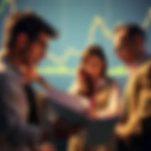 A group of frustrated UK investors looking at financial documents and charts, expressing disappointment over recent crypto ETN ruling.