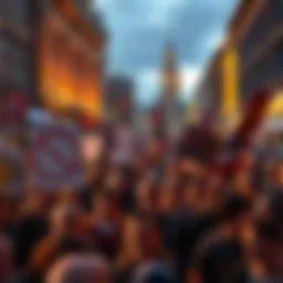 Crowd of people protesting in the UK holding signs against digital IDs, highlighting concerns over Bitcoin and banking issues.