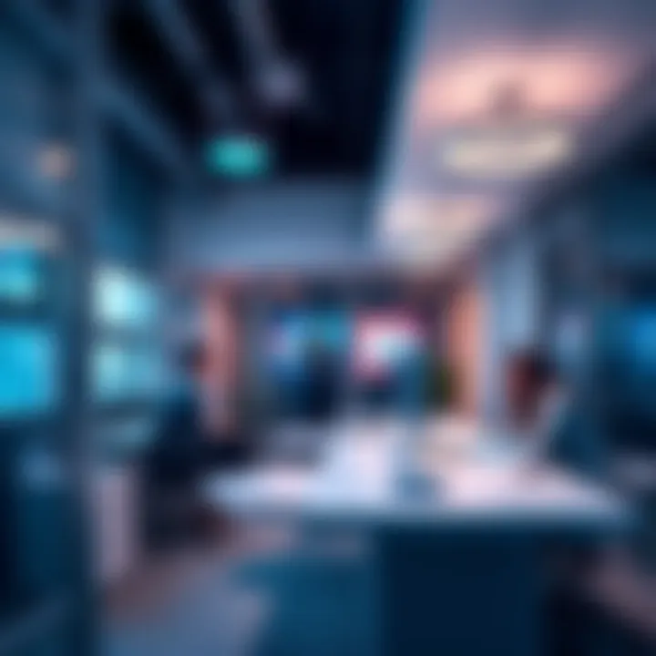 A modern office with web design elements and a team discussing a project.